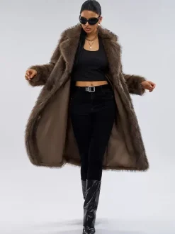 Manteau en fausse fourrure marron foncé col cranté veste longue d'hiver oversize pour femme 2026