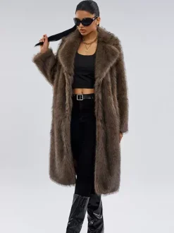 Manteau en fausse fourrure marron foncé col cranté veste longue d'hiver oversize pour femme 2026