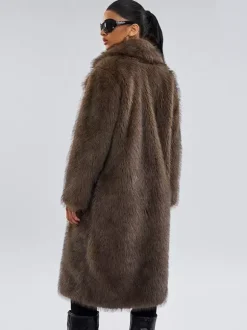 Manteau en fausse fourrure marron foncé col cranté veste longue d'hiver oversize pour femme 2026