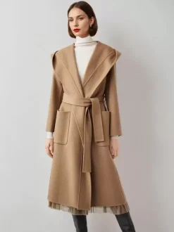 Manteau en laine et cachemire mélangés avec capuche vêtement d'extérieur d'hiver ceinturé double face en chameau pour femme 2026