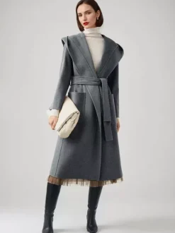Manteau en laine et cachemire mélangés avec capuche vêtement d'extérieur d'hiver ceinturé double face en chameau pour femme 2026