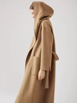Manteau en laine et cachemire mélangés avec capuche vêtement d'extérieur d'hiver ceinturé double face en chameau pour femme 2026