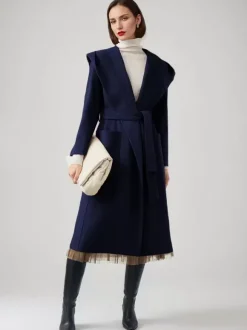 Manteau en laine et cachemire mélangés avec capuche vêtement d'extérieur d'hiver ceinturé double face en chameau pour femme 2026