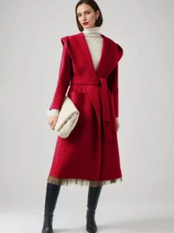 Manteau en laine et cachemire mélangés avec capuche vêtement d'extérieur d'hiver ceinturé double face en chameau pour femme 2026