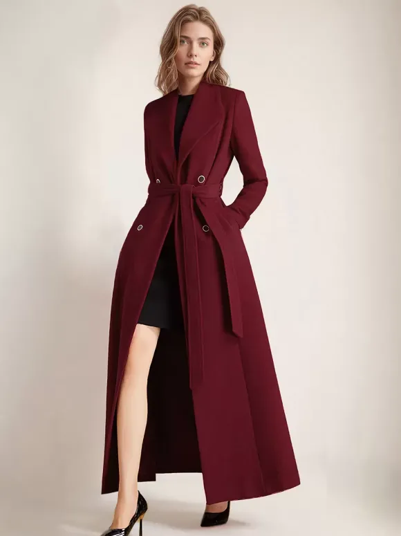 Manteau en laine maxi pour femme croisé grand revers ceinture ligne A pleine longueur vêtements d'extérieur d'hiver 2026