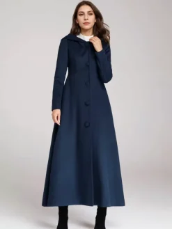 Manteau en laine mélangée avec capuche bleu marine foncé coupe trapèze évasé maxi vêtements d'extérieur pour femmes 2026