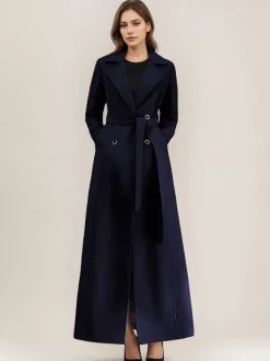 Manteau en laine mélangée grise pour femme ceinture à revers croisé chic pleine longueur vêtements d'extérieur 2026