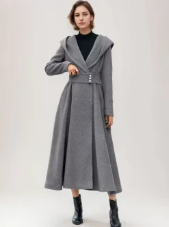 Manteau en laine évasé pour femme à capuche gris ceinturé coupe trapèze hiver long vêtements d'extérieur 2026
