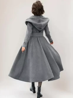 Manteau en laine évasé pour femme à capuche gris ceinturé coupe trapèze hiver long vêtements d'extérieur 2026