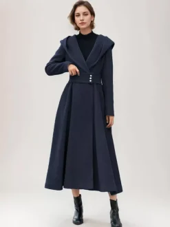 Manteau en laine évasé pour femme à capuche gris ceinturé coupe trapèze hiver long vêtements d'extérieur 2026