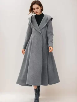 Manteau en laine évasé pour femme à capuche gris ceinturé coupe trapèze hiver long vêtements d'extérieur 2026