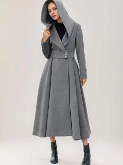 Manteau en laine évasé pour femme à capuche gris ceinturé coupe trapèze hiver long vêtements d'extérieur 2026