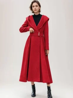 Manteau en laine évasé pour femme à capuche gris ceinturé coupe trapèze hiver long vêtements d'extérieur 2026