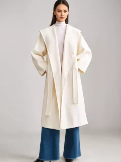 Manteau en mélange de laine et de cachemire blanc à revers larges et ceinture double face pour femme vêtement d'hiver 2026