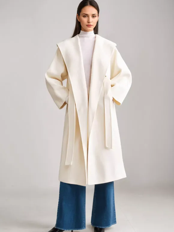 Manteau en mélange de laine et de cachemire blanc à revers larges et ceinture double face pour femme vêtement d'hiver 2026