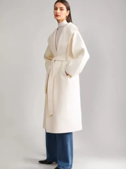 Manteau en mélange de laine et de cachemire blanc à revers larges et ceinture double face pour femme vêtement d'hiver 2026