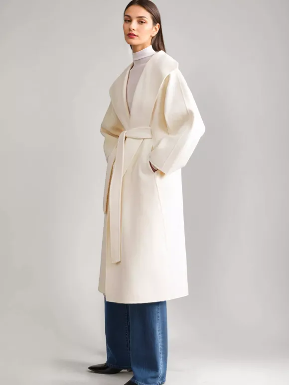 Manteau en mélange de laine et de cachemire blanc à revers larges et ceinture double face pour femme vêtement d'hiver 2026