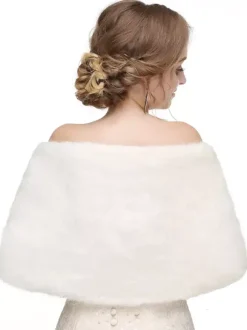Manteau Fausse Fourrure Cape de Mariage Femme Veste Unicolore à Col V à Lacets
