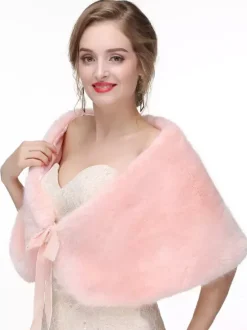 Manteau Fausse Fourrure Cape de Mariage Femme Veste Unicolore à Col V à Lacets