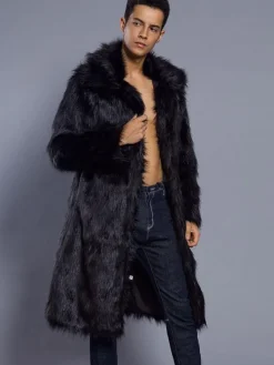 Manteau Fausse Fourrure Marron Manteau Manches Longues Col Rabattu Hiver Homme
