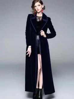 Manteau Femme Long Hiver Moulant en Satin à Col Revers avec Manches Longues Coupe Cintrée avec Boutons avec Poches Unicolore