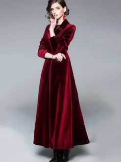 Manteau Femme Long Hiver Moulant en Satin à Col Revers avec Manches Longues Coupe Cintrée avec Boutons avec Poches Unicolore