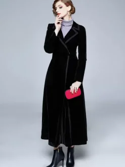 Manteau Femme Long Hiver Moulant en Satin à Col Revers avec Manches Longues Coupe Cintrée avec Boutons avec Poches Unicolore