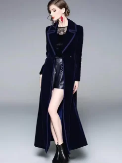 Manteau Femme Long Hiver Moulant en Satin à Col Revers avec Manches Longues Coupe Cintrée avec Boutons avec Poches Unicolore