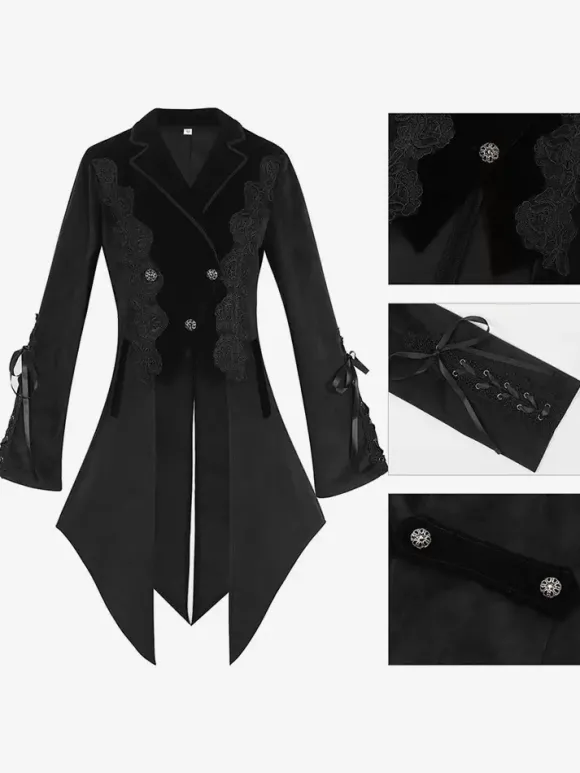 Manteau gothique noir mi-long pour femme trench-coat slim col montant foncé smoking de palais mode automne et hiver