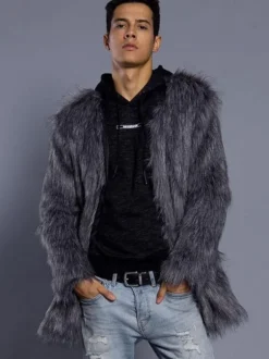 Manteau gris fuzzy manteau d'hiver hommes fausse fourrure