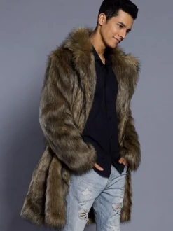 Manteau homme hiver couleur Brun en polyester fausse fourrure