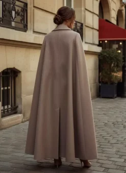 Manteau long croisé en laine avec cape et ceinture amovibles pour femme 2026