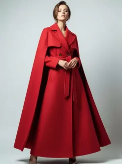 Manteau long croisé en laine avec cape et ceinture amovibles pour femme 2026