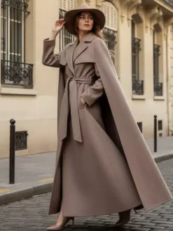 Manteau long croisé en laine avec cape et ceinture amovibles pour femme 2026
