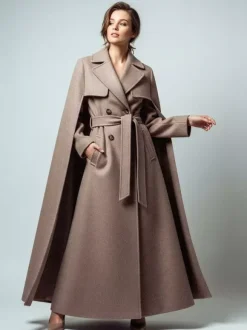 Manteau long croisé en laine avec cape et ceinture amovibles pour femme 2026