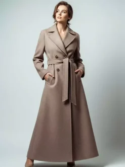 Manteau long croisé en laine avec cape et ceinture amovibles pour femme 2026
