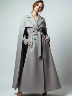 Manteau long croisé en laine avec cape et ceinture amovibles pour femme 2026