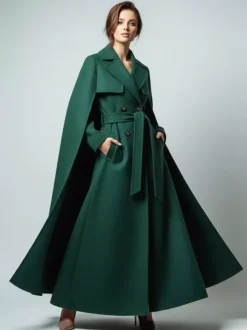 Manteau long croisé en laine avec cape et ceinture amovibles pour femme 2026