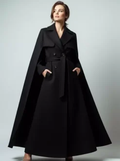 Manteau long croisé en laine avec cape et ceinture amovibles pour femme 2026