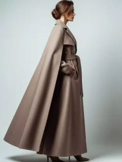 Manteau long croisé en laine avec cape et ceinture amovibles pour femme 2026