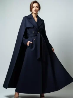 Manteau long croisé en laine avec cape et ceinture amovibles pour femme 2026