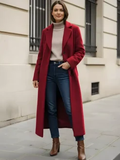 Manteau long droit en laine à simple boutonnage et revers cranté classique collection femme 2026