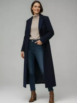 Manteau long droit en laine à simple boutonnage et revers cranté classique collection femme 2026