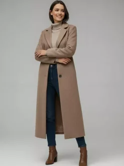 Manteau long droit en laine à simple boutonnage et revers cranté classique collection femme 2026