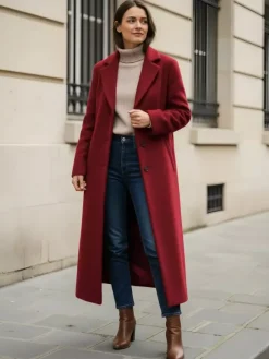 Manteau long droit en laine à simple boutonnage et revers cranté classique collection femme 2026