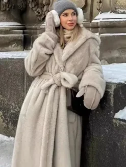 Manteau long en fausse fourrure avec capuche vêtement d'extérieur surdimensionné d'hiver pour femme abricot clair 2026