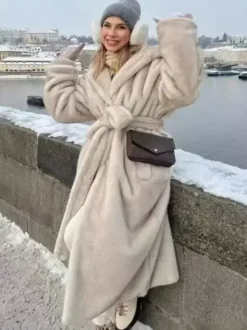 Manteau long en fausse fourrure avec capuche vêtement d'extérieur surdimensionné d'hiver pour femme abricot clair 2026