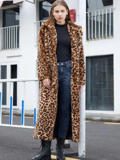 Manteau long en fausse fourrure léopard veste longue écologique d'hiver pour femme 2026