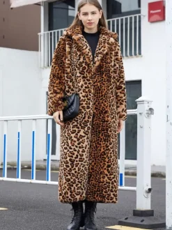 Manteau long en fausse fourrure léopard veste longue écologique d'hiver pour femme 2026