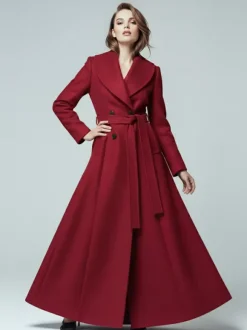 Manteau long en laine ceinturé à col châle et double boutonnage pour femme 2026